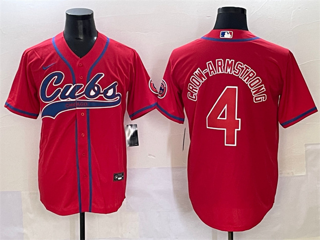 Men's Chicago Cubs #4 Pete Crow-Armstrong Red Cool Base Stitched Baseball Jersey Men's Chicago Cubs #4 Pete Crow-Armstrong Red Cool Base Stitched Baseball Jersey